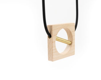 Square Cherry Wooden Modern Boho style Statement Geometric Pendant Necklace.