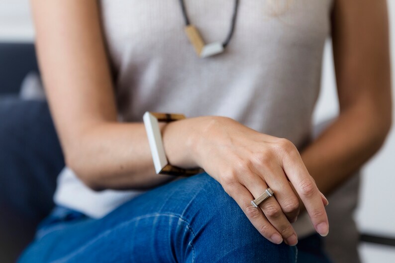 Contemporary fashion Walnut wooden bar ring, made of walnut wood and an aluminium band, unisex fashion. image 3