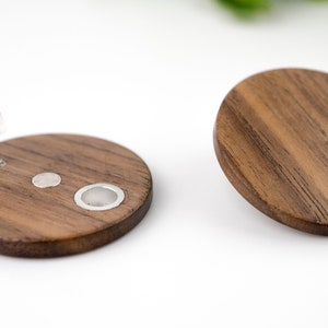 Big boho round disc dark walnut wood earrings. image 5