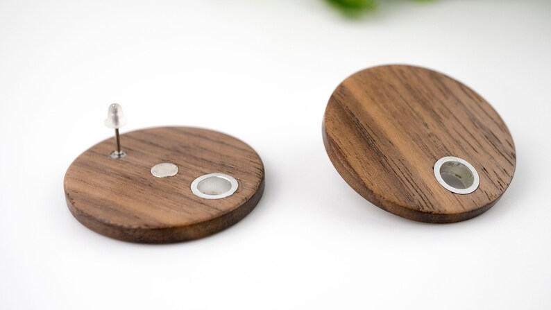 Big boho round disc dark walnut wood earrings. image 5