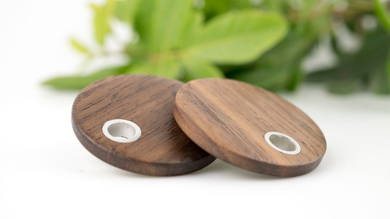 Big boho round disc dark walnut wood earrings. image 1