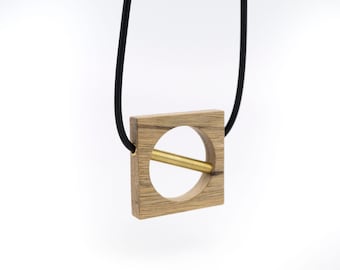large open square wood and gold necklace, with black rubber cord, handmade.