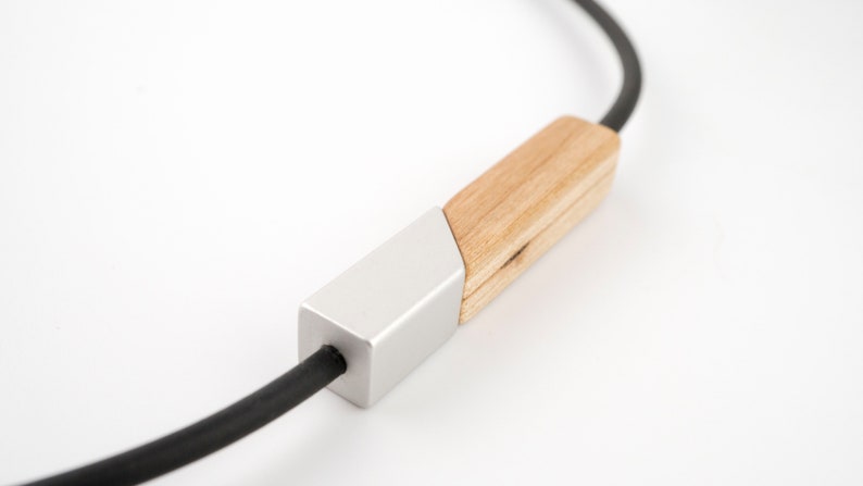 V and Bar shapes in one modular necklace, long modern look, made of Cherry wood and aluminium, one of a kind gift. image 4