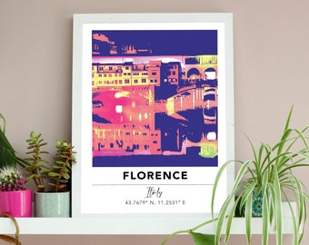 Florence Ponte Vecchio Print | Italy Retro Travel Poster | Gift Traveller Backpacker | A3 A4 | Digital Artwork | Travel Gallery Wall Art