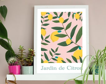 Jardin de Citron print A3 A4 | Botanical Wall Art | Vintage Pink Lemons Poster | Fruit Wall Decor | Colourful Kitchen Gallery Wall