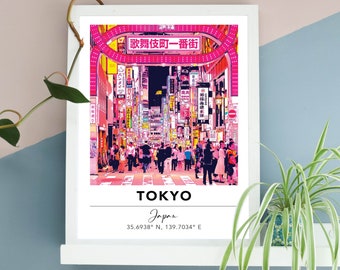 Tokyo Shinjuku Print | Japan Travel Poster | Travel Gifts for Christmas | Colourful Digital Artwork | Pink Bold Travel Gallery Wall Art