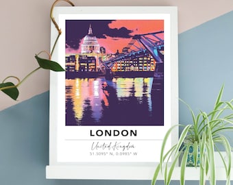 London Print | St Pauls Millennium Bridge Travel Poster | UK Gift Traveller Backpacker | A3 A4 | Digital Artwork | Colourful Travel Decor