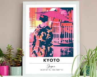 Kyoto Geisha Print | Japan Travel Poster | Japanese Christmas Gifts | Colourful Digital Artwork | Pink Bold Travel Gallery Wall Art