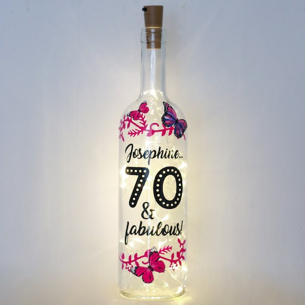 Personalised 70th Birthday Gift For Her, 70 and Fabulous Bottle Light, 50th, 40th, 30th, 20th, Big Birthday, Friend, Auntie, Mum, Grandma
