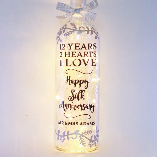 Personalised 12th Wedding Anniversary Gift, Bottle Light, Silk, Customised for Couple, Best Friend, Daughter, Son In Law, Unique Keepsake