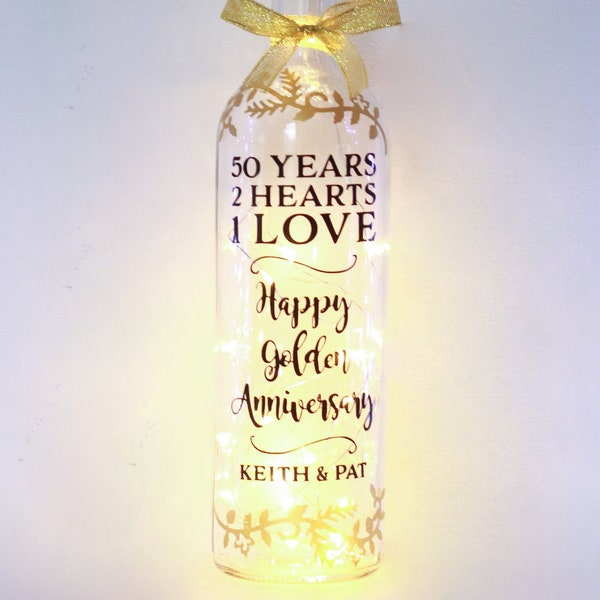 Personalised 50th Golden Wedding Anniversary Gift, Bottle Light, Gold, 50 Years Of Marriage, Customised, Parents, Grandparents, Auntie Uncle