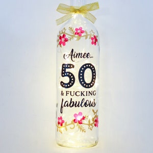 Personalised 50th Birthday Gift For Her, Fifty and Fabulous Bottle Light, Funny, Unusual, Women, Girls, Best Friend, Sister, Bedroom Decor