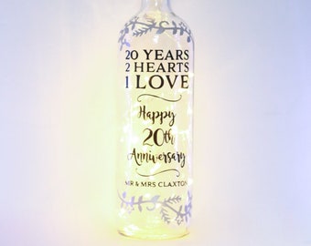 Cadeau personnalisé pour 20e anniversaire de mariage, bouteille lumineuse, porcelaine, cadeau personnalisé pour couple, meilleur ami, parents, tante et oncle, famille