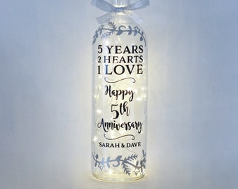 Bottle Light, 5th Wedding Anniversary Gift, 5 Year, Unique Keepsake For Couple, Ornament, Best Friends, For Wife, Son, Daughter, Wood