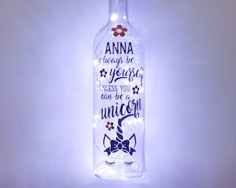 Personalised Unicorn Bottle Light for Girls Bedroom - Makes Magical Christmas or Birthday Gift for Daughter