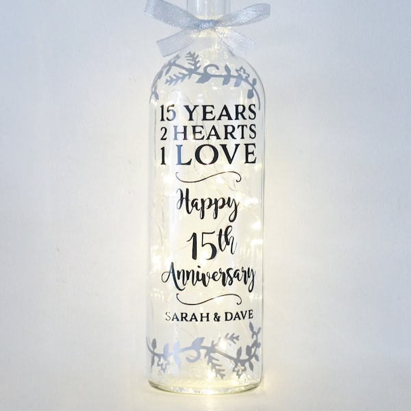Bottle Light, 15th Wedding Anniversary Gift, 15 Year, Unique Keepsake For Couple, Ornament, Best Friends, For Wife, Son, Daughter