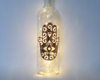 Personalised Hamsa Gifts For Her, Bottle Light, Spiritual Amulet, Lucky Charm, Housewarming Present, Fairy Lights, LEDs