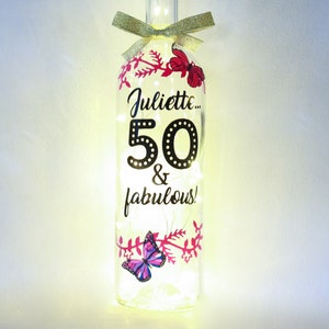 Personalised 50th Birthday Gift For Her, 50 and Fabulous Bottle Light, Birthday Gift for Mum, Aunties 50th, Custom Gifts for 50 Year Old