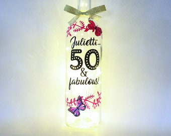 Personalised 50th Birthday Gift For Her, 50 and Fabulous Bottle Light, Birthday Gift for Mum, Aunties 50th, Custom Gifts for 50 Year Old