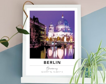 Berlin Cathedral Print | Germany Retro Travel Poster | Gift Traveller Backpacker | A3 A4 | Digital Artwork | Colourful Bold Gallery Wall Art