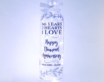 Personalised Diamond Wedding Anniversary Gift For Parents, 60th, Grandparents, Bottle Light, Family Friends, Unique Keepsake, Customised