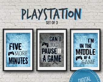 Set of three Playstation Video Game Prints for game room or boys room, teen room decor, gift for boys, video game posters, blue gaming print