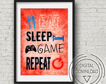 Xbox Video Gamer Print, Eat Sleep Game Repeat saying for teen bedroom wall art, teen bedroom decor, boys xbox room decor, red and blue gamer