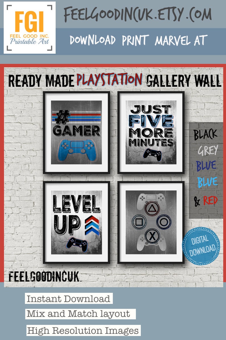 Teen boy bedroom Playstation Gaming Art, Set of Four game room wall art, gift for gamer, boys gift, game room decor,  DIGITAL DOWNLOAD  