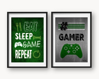 Emerald Green Gamer Prints. Gaming Bedroom Set of 2 Prints, Gamer, XBox Inspired, Boys Room, Gamer Bedroom, Green Boys Room, 20+ Sizes