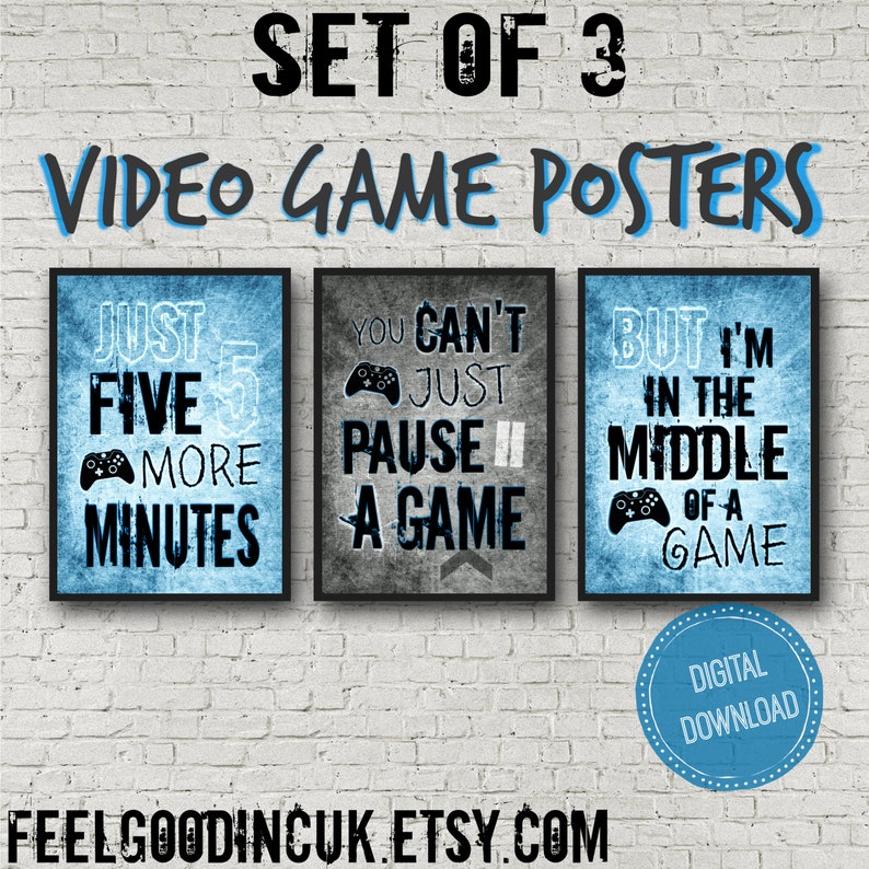Set of three XBOX Video Game Prints for gamer room or boy bedroom,  teen room decor, gift for boys, video game posters, blue gaming print 