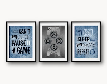 Playstation Video Game Print Set for a game room or a boys bedroom, denim blue video game printables perfect gift for boys, Digital Download