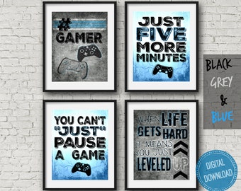 Set of four Blue Video Game Prints, Xbox and Playstation Video Game Controller, Gaming room, Teen boy bedroom, game room - DIGITAL DOWNLOAD