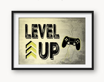 Level Up Playstation VIDEO GAME PRINT, Video Game Wall Art, dorm room, game room, teenage bedroom, gamer art print, Horizontal Gamer Quote