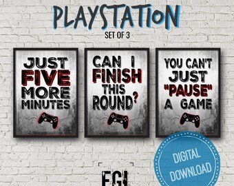 Set of Three Red PLAYSTATION Video Game Prints, PS4 Controller, PS5 Bedroom, Teen boy Gamer bedroom, game room wall art, gift for gamer boy