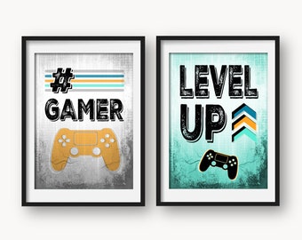 Gamer Prints. Gaming Bedroom Set Prints, Set of 2, Gamer, Playstation Inspired, Boys Room, Gamer Bedroom, Teal Orange Boys Room, 20+ Sizes