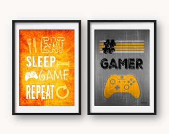 Bright Orange Gamer Prints. Gaming Bedroom Set of 2 Prints, Gamer, XBox Inspired, Boys Room, Gamer Bedroom, Green Boys Room, 20+ Sizes