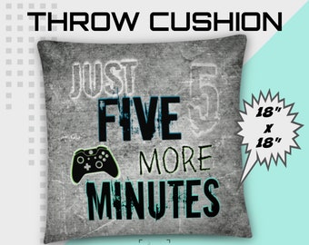 Teal XBOX Throw Cushion for boys bedroom decor, "Just Five More Minutes" gamer quote, teen bedroom, gamer gift, game room, kids room decor