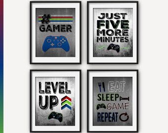 XBOX Gamer Prints in Red, Navy Blue and Neon Green. Ideal Teen boy bedroom or game room decor. Set of Four Prints, multiple sizes included