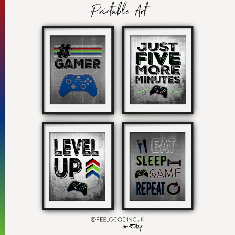 XBOX Gamer Prints in Red, Navy Blue and Neon Green. Ideal Teen boy bedroom or game room decor. Set of Four Prints, multiple sizes included image 1