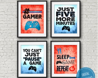 Set of 4 XBOX Controller Prints, Blue and Red Video Game Posters, video game wall art, Xbox Bedroom, Gamer, Teen boy bedroom, xbox game room