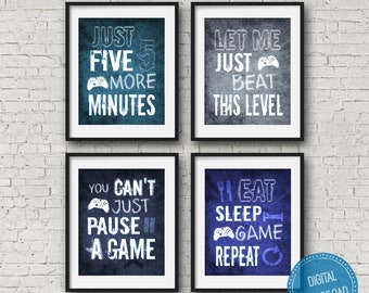 XBox Set of four Blue Video Game Prints, INSTANT DOWNLOAD.  Video game decor featuring an Xbox Controller for boy bedroom or game room decor