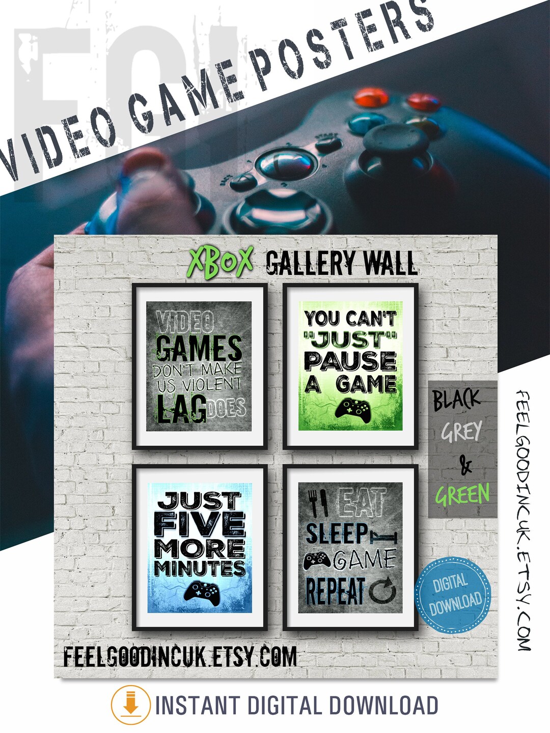 XBOX Game Room Wall Art, Kids Room, Blue, Green, Set of Xbox Prints