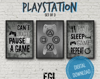 PLAYSTATION, GREY, Video Game Posters, Set of Three, Game Controller, Gamer Bedroom, Teen boy, bedroom, game room, wall art, gift for gamer