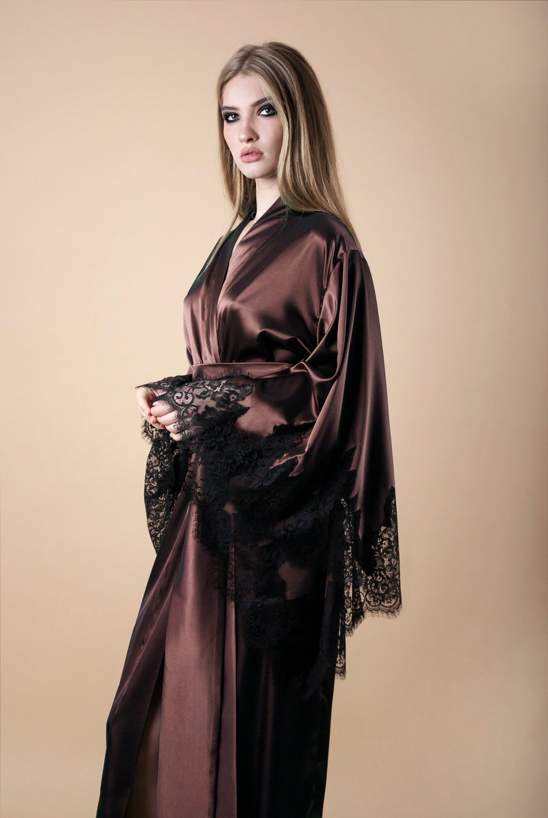 Kimono Robe Long Kimono Robe With Lace Chic Satin Robe Etsy