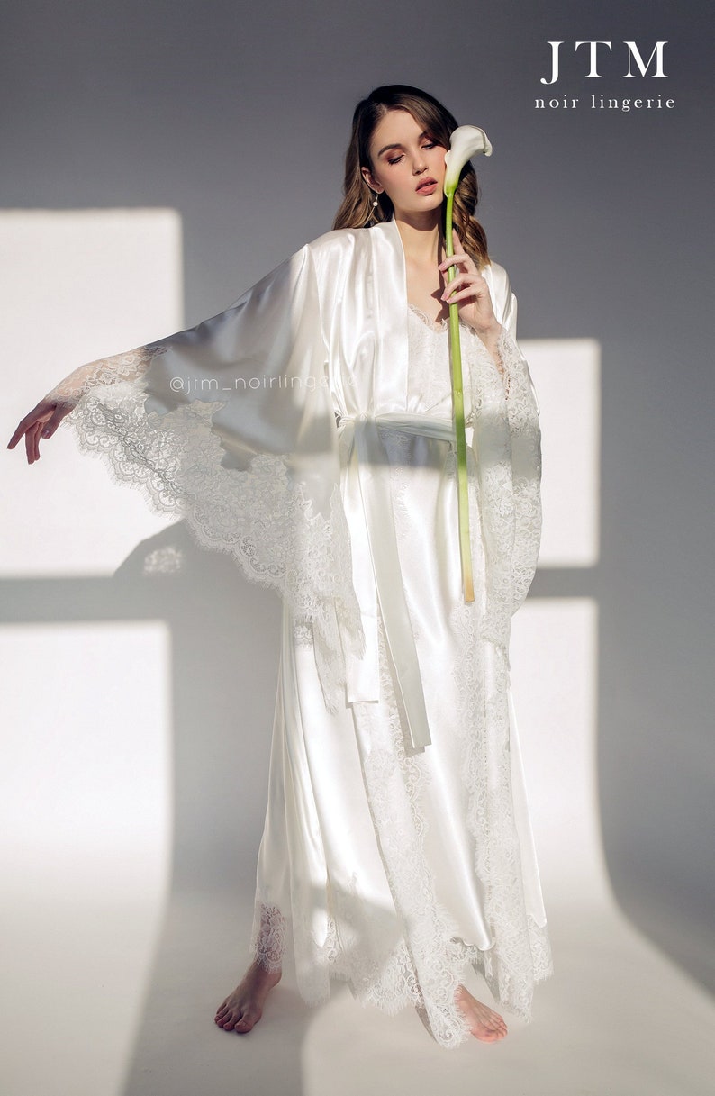 Women S Bridal Silk Robe Silk Satin Lace Robe Boudoir Ivory Long Robe Long Silk Robe Floor Length Robe Burlesque Long Robe