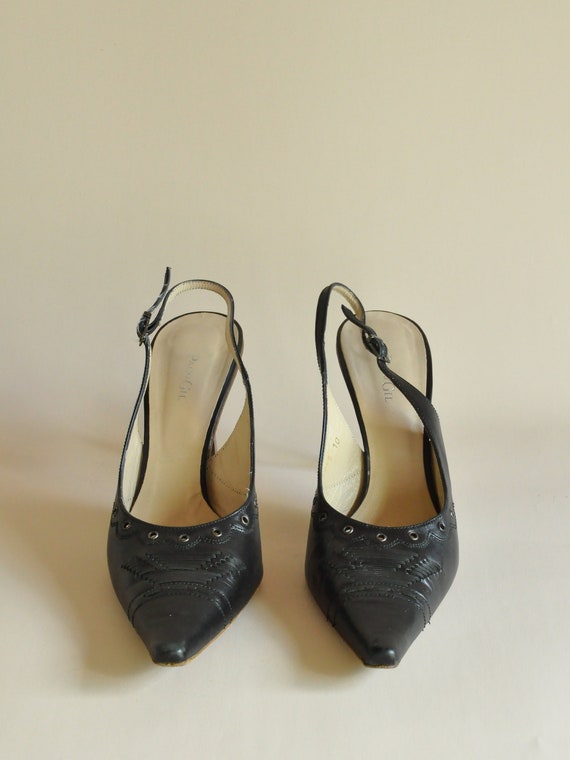 Woven and Grommet Accent Black Leather Slingbacks… - image 2