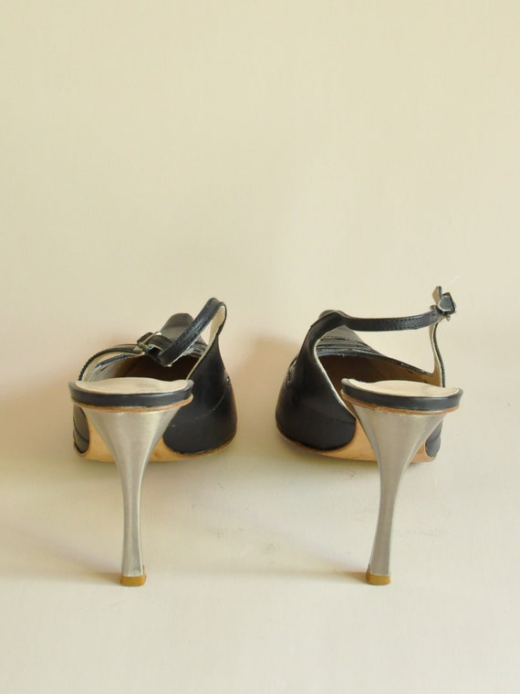 Woven and Grommet Accent Black Leather Slingbacks… - image 3
