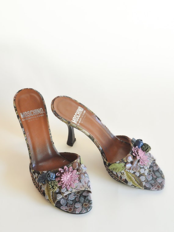 2000s Moschino Tapestry Heels with Leather Flower… - image 1