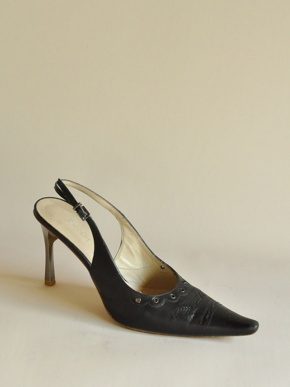 Woven and Grommet Accent Black Leather Slingbacks… - image 1