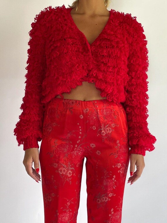 1980s-90s Hand Knit Red Shag Cardigan with Pockets